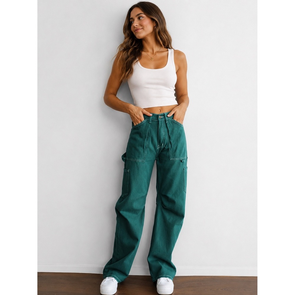 Lioness Miami Vice Cargo Pants Teal Green Wide Leg Contrast Stitch XXS Utility
